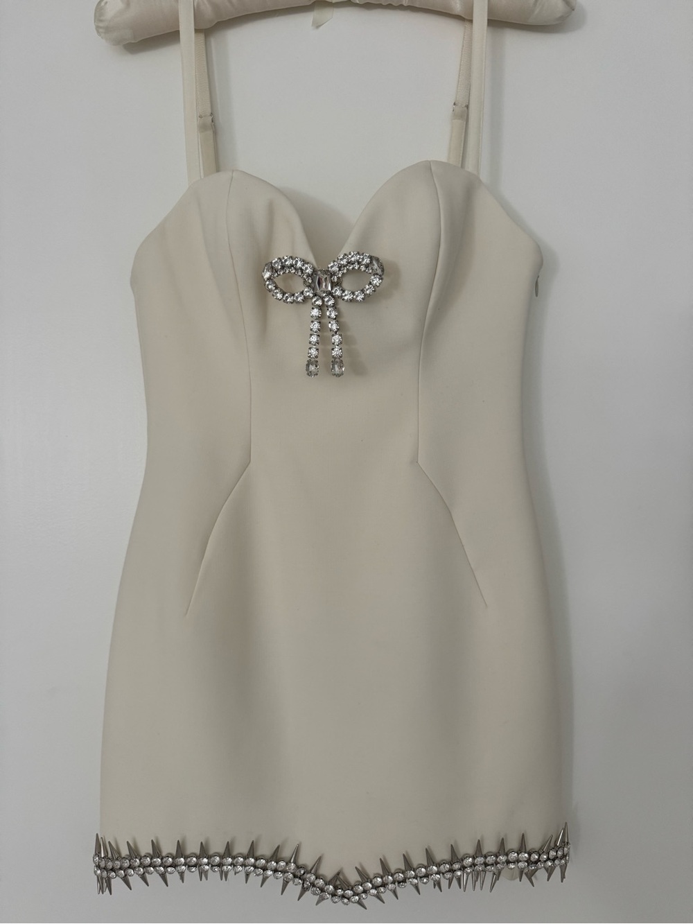 AREA Ivory Mini Dress with Crystal Bow and Spike Hem